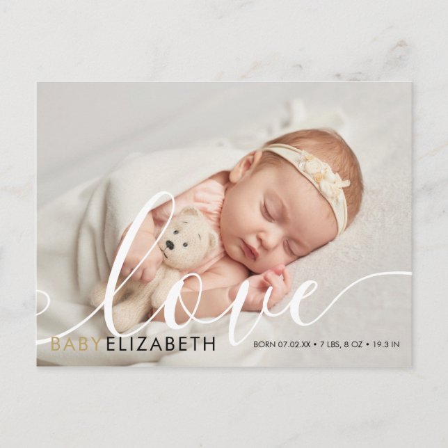 Baby Foto elegant Skript Guld Kärlek Hjärtan Födel Meddelande Vykort (Framsida)