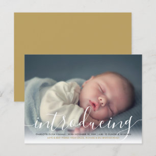 Baby Foto Elegant Skript Introducerar Guld Födelse Meddelande Vykort