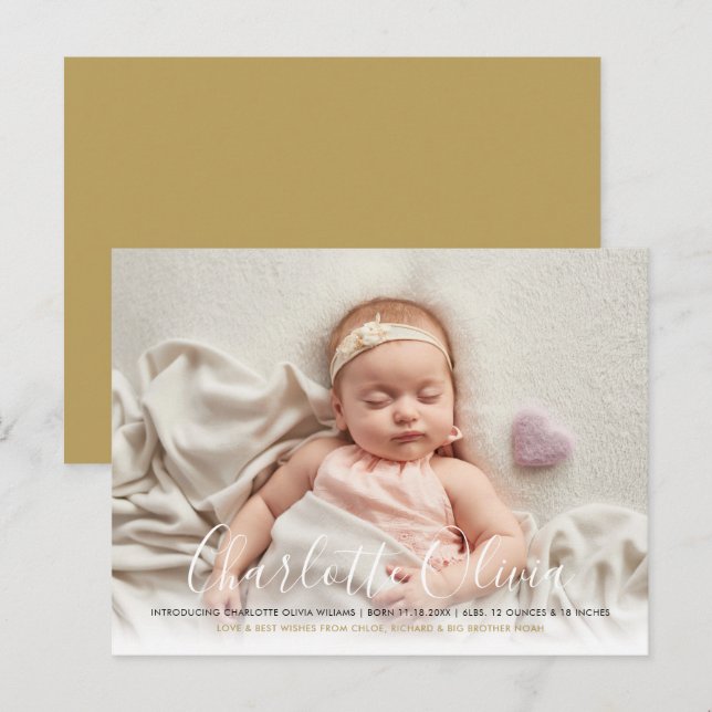 Baby Foto Elegant Skript Namn Guld Födelse Meddelande Vykort (Fram/baksida)