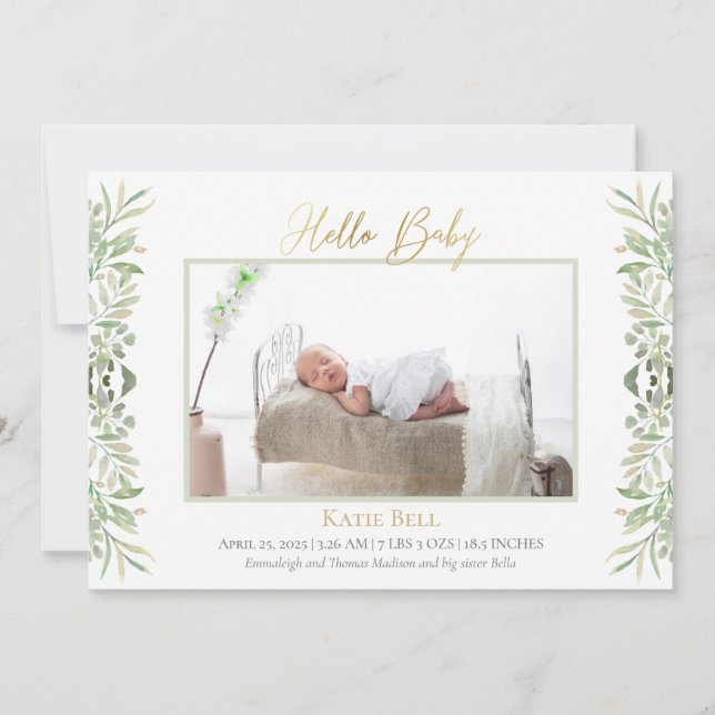 Baby Foto Eleganta Botaniska Blad Födelse Meddelande (Framsida)