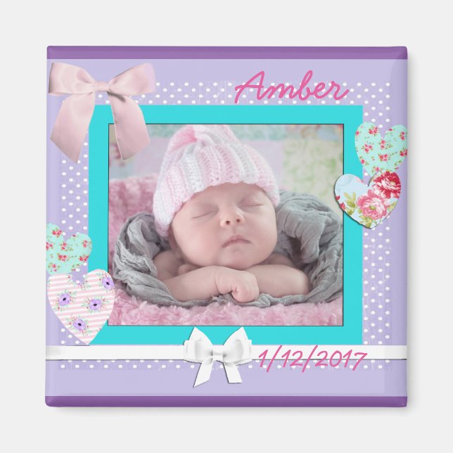 Baby Foto Födelsedagsannonsering Lila och Akvatisk Magnet (Framsidan)