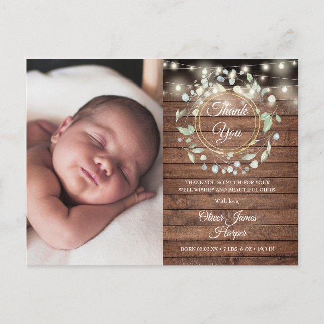 Baby Foto Grönska Rustik Trä Tack För Födelsen  Meddelande Vykort (Framsida)