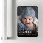 Baby Foto Hej Vitt Skript Födelseannons Magnet<br><div class="desc">Fira ankomsten av din senaste familjemedlem med denna speciella flexibla magnet,  med ordet "hej" i elegant handskriven skrift med svängar i början och slutet. Personifiera den med barnets namn och födelsedatum och ersätt provbilden med ditt favoritfoto av baby. En svart gradientfilter hjälper till att få texten att sticka ut.</div>