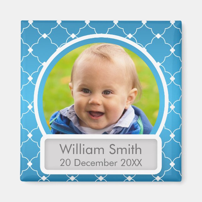 Baby-foto med Namn och datum, kvatrefolielblått Magnet (Framsidan)