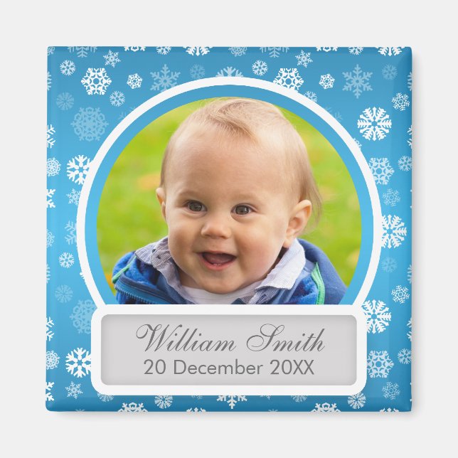 Baby-foto med Namn och vinterblått vinterblåa Magnet (Framsidan)