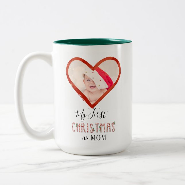 Baby Foto min första jul som Mamma Kärlek hjärta Två-Tonad Mugg (Vänster)