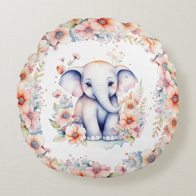 Baby Foto, Namn och födelsedatum Elephant Thmet Rund Kudde (Framsidan)