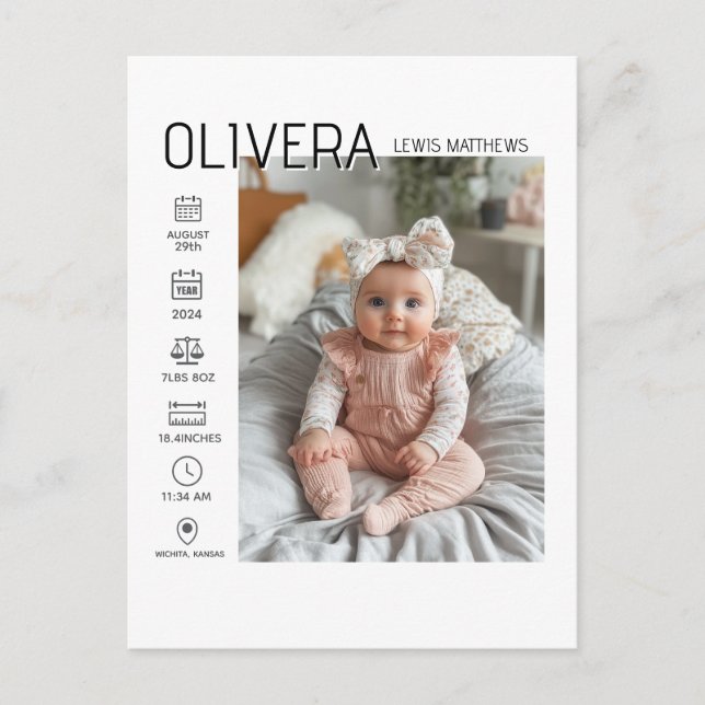 Baby Foto och statistik Meddelande Vykort (Framsida)