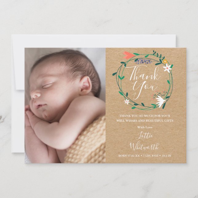 Baby Foto Rustik Boho Blommig Tacksamhet Födelse Meddelande (Framsida)