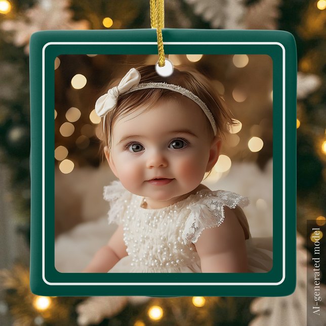 Baby Foto Smaragdgrön Modern Julmanus Julgransprydnad Keramik (Baby Photo Emerald Green Modern Christmas Script Ceramic Ornament)