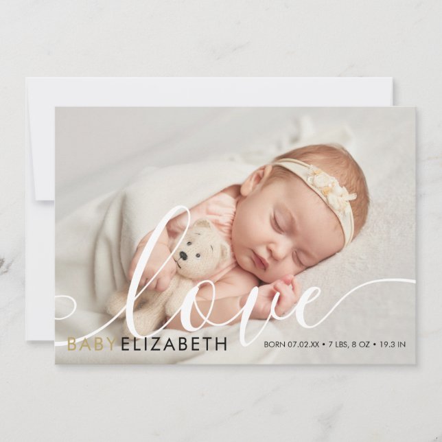 Baby Foto Söt Skript Guld Kärlek Hjärtan Födelse Meddelande (Framsida)