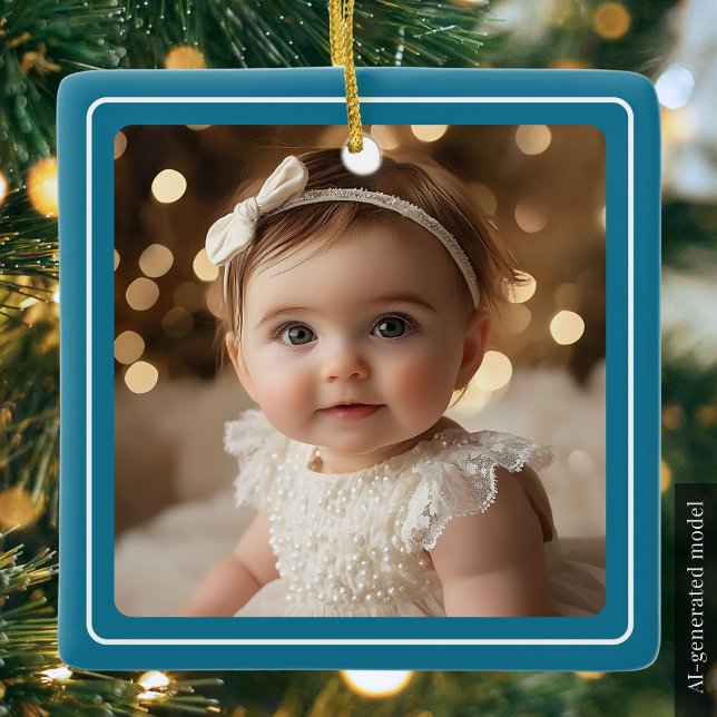 Baby Foto Teal Modern Jul Vit Script Julgransprydnad Keramik (Baby Photo Teal Modern Christmas White Script Ceramic Ornament)