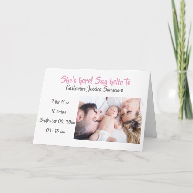 Baby-fotofödelsemeddelande modernt rosa grått kort (Framsida)