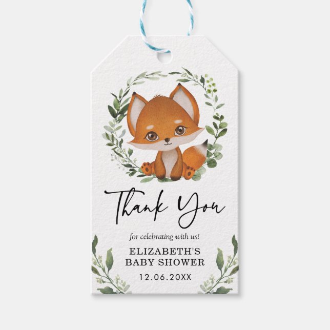 Baby Fox Eucalyptus Greenery Foliage Shower Favor Presentetikett (Framsidan)