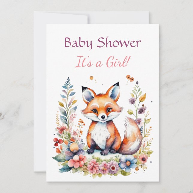 Baby Fox i Blommor Girl's Baby Shower Inbjudningar (Framsida)