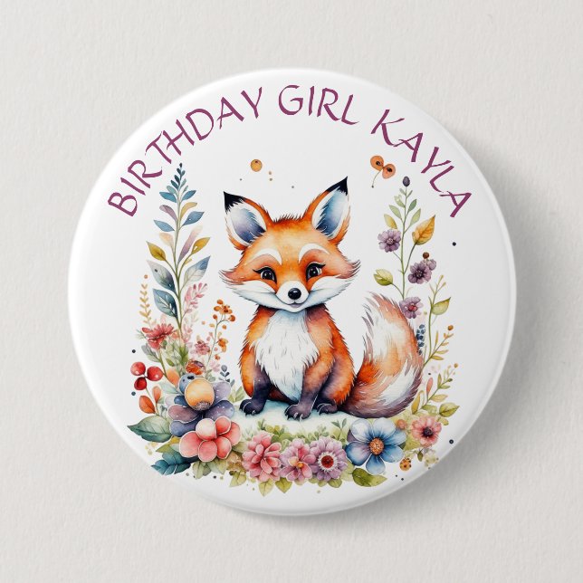 Baby Fox i Flowers Birthday gIRL Personlig Knapp (Framsida)