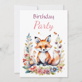Baby Fox i Flowers Girl Girl's Födelsedagsfest Inbjudningar