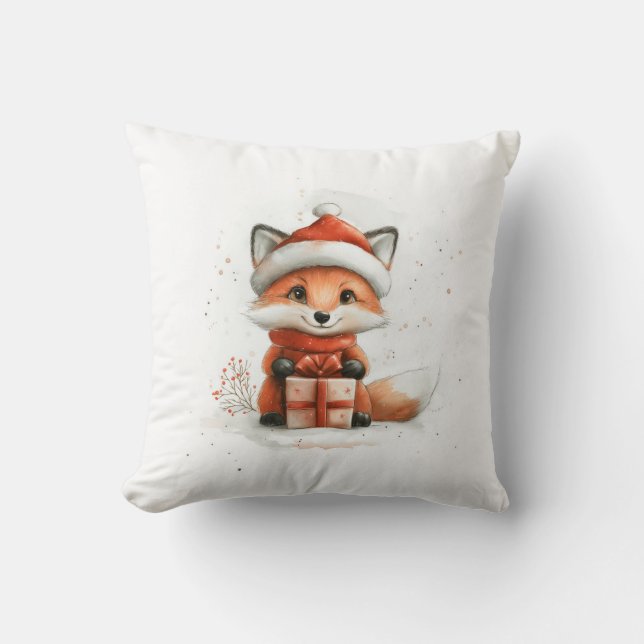 Baby Fox i Red Santa Hat julvinter Helgdag Kudde (Framsida)