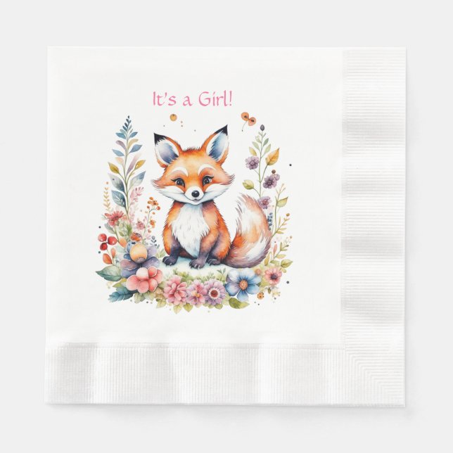Baby Fox in Flowers | Baby Shower It's a Girl Pappersservett (Framsidan)