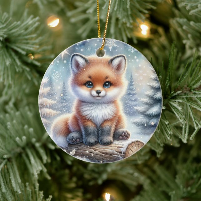 Baby Fox in Winter Pines Julgransprydnad Keramik (Träd)