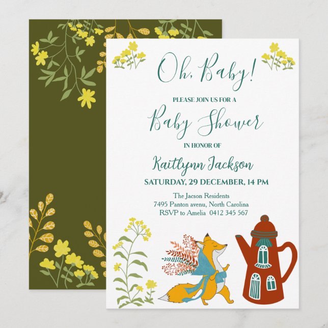 Baby Fox och blommor Baby Shower Inbjudningar (Fram/baksida)