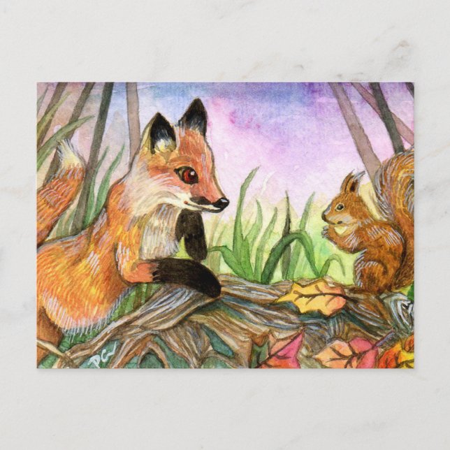 Baby Fox och ekorre Vykort (Framsida)
