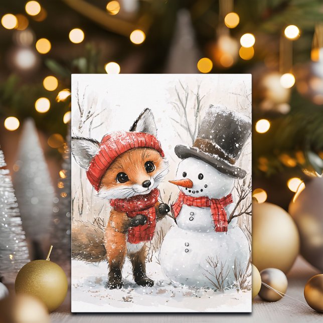 Baby Fox och Snögubbe Helg Vykort (Skapare uppladdad)