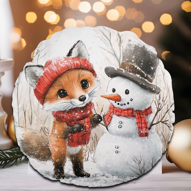 Baby Fox och Snögubbe Rund Kudde (Skapare uppladdad)