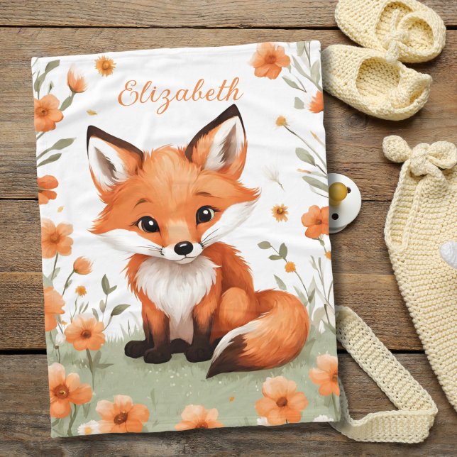 Baby Fox Peach Blommigt Flowers Baby Shower Gift Fleecefilt (Baby fox peach flowers personalized monogrammed baby girl blanket. Baby Shower gift, new baby gift)