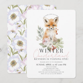 Baby Fox Winter Onederland Girl 1st Birthday Inbjudningar