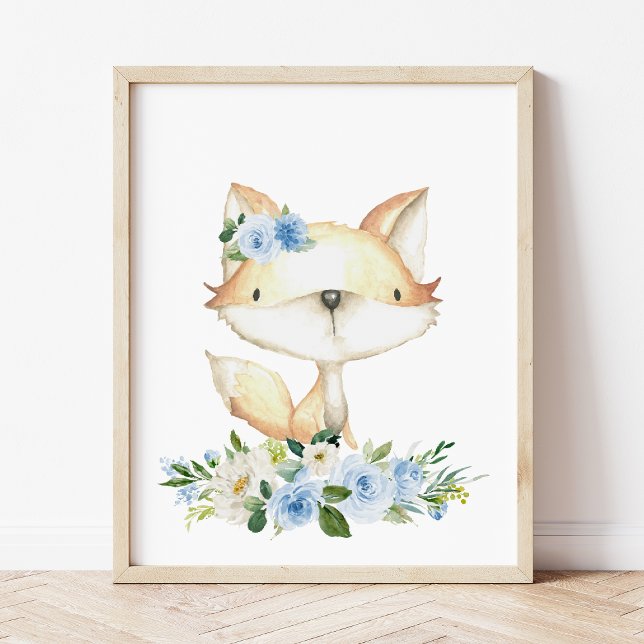 Baby Fox, Woodland Animals, Boho, Blåa blommor Fototryck (Skapare uppladdad)