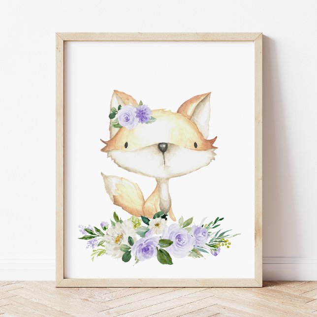 Baby Fox, Woodland Animals, Boho, Lila blommor Fototryck (Skapare uppladdad)