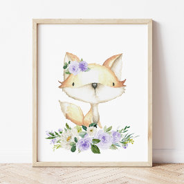Baby Fox, Woodland Animals, Boho, Lila blommor Poster