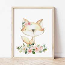Baby Fox, Woodland Animals, Boho, Rosa Flowers