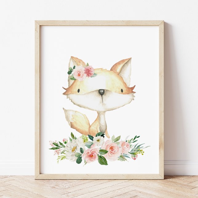 Baby Fox, Woodland Animals, Boho, Rosa Flowers Poster (Skapare uppladdad)