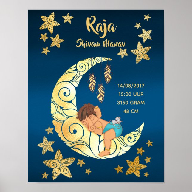 Baby Ganesha med måne och stjärnor Poster (Framsidan)