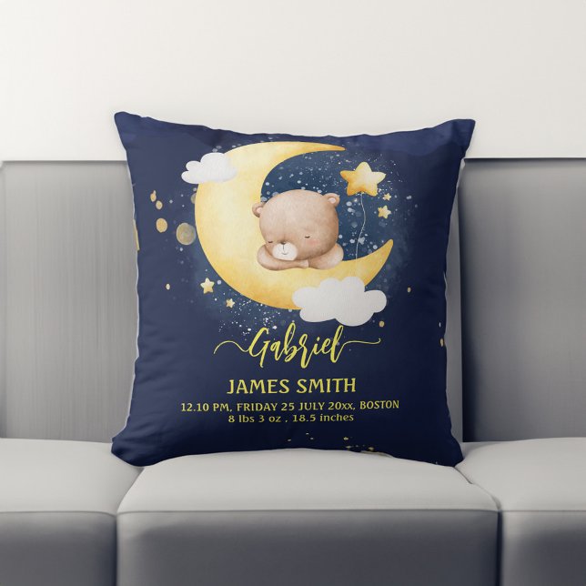 Baby-gåvor nalle födelsetal kudde (Newborn Baby gifts cute Sleeping teddy bear birth stats Throw Pillow)