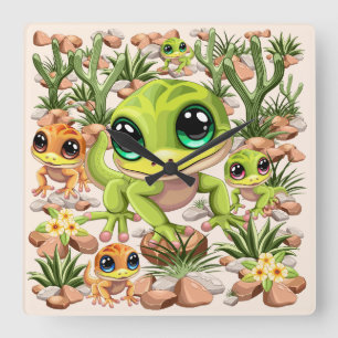Baby Geckos Cute Tecknade figurer Fyrkantig Klocka