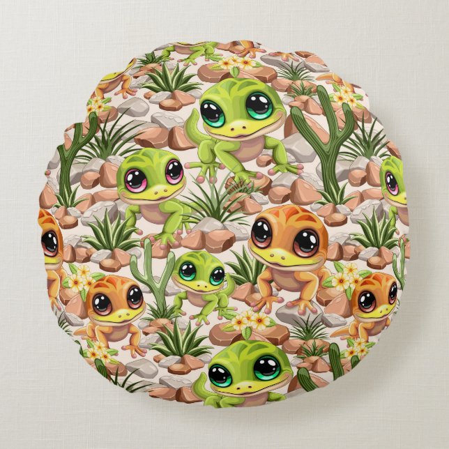 Baby Geckos Cute Tecknade figurer Rund Kudde (Framsidan)