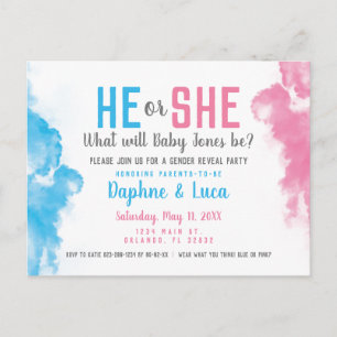 Baby Gender avslöjar rökbomb Blue och Rosa Party Vykort