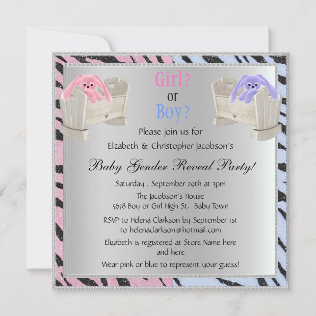 Baby Gender Reveal Animal Print, Bunnies & Cribs Inbjudningar (Framsida)