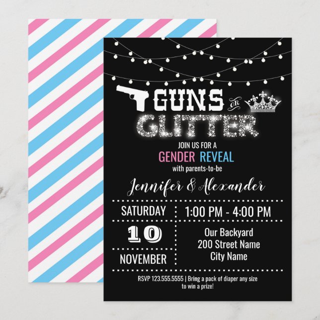 Baby Gender Reveal Guns eller Glitter Inbjudningar (Fram/baksida)