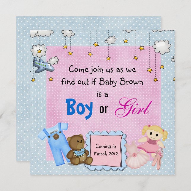 Baby Gender Reveal Party Inbjudningar (Fram/baksida)