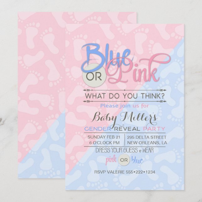 Baby Gender Reveal Party Rosa Blue Footprint Inbjudningar (Fram/baksida)