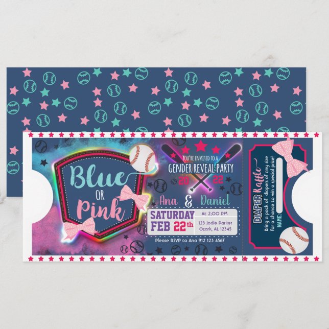Baby gender-uppvisning - Basebollar eller Bows-inb Inbjudningar (Fram/baksida)