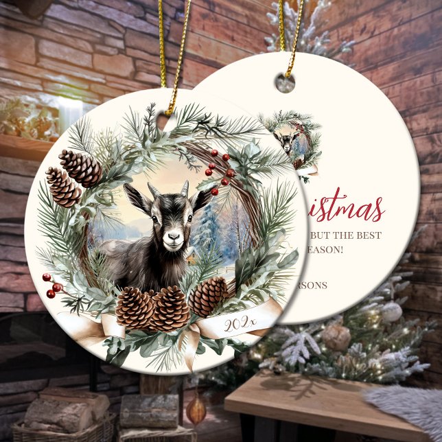 Baby get (djur) julgransprydnad keramik (Black baby goat farm animal Christmas pinecone wreath Ceramic Ornament)