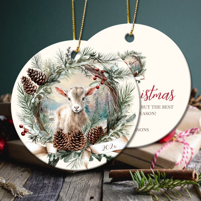 Baby get (djur) julgransprydnad keramik (Baby goat farm animal Christmas pinecone wreath Ceramic Ornament)