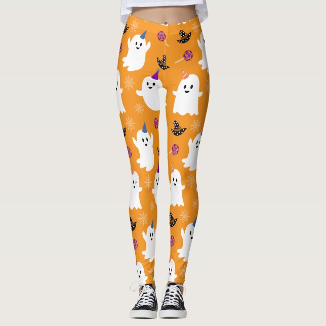 Baby Ghost Mönster Orange Halloween fest Leggings (Framsida)