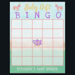 Baby Gift Bingo Cute Unicorn Tea Party Shower Reklamblad<br><div class="desc">De här fina "baby-presentkort" för babyduschkort är perfekt för ditt te party. Den vimska designen omfattar rosa unicorns,  stjärnor och en lila tekanna schariot i centrum av tavlan. Använda den enkla mallen fält för att lägga till anpassningsbar.</div>