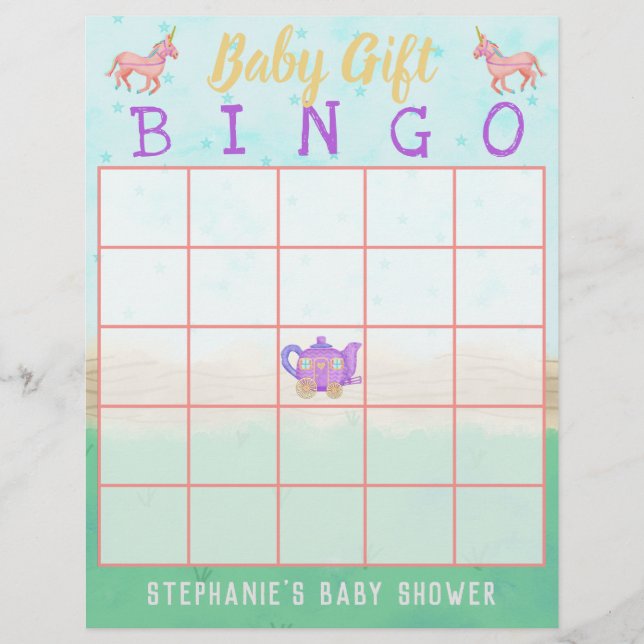 Baby Gift Bingo Cute Unicorn Tea Party Shower Reklamblad (Framsidan)